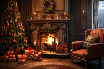 Obraz premium Vintage-style living room with a well-adorned fireplace and a Christmas tree, embodying the essence of the festive season. A Christmas greeting card is born. Generative Ai.