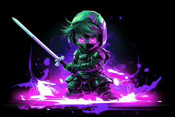 Cute neon baby ninja with purple eyes and sword in fighting stance with glowing pink and purple effects around him