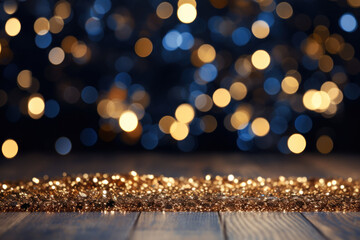 A navy blue backdrop shimmers with golden particles and bokeh lights, encapsulating the essence of the holiday season. A background adorned with gold foil texture. Generative Ai.