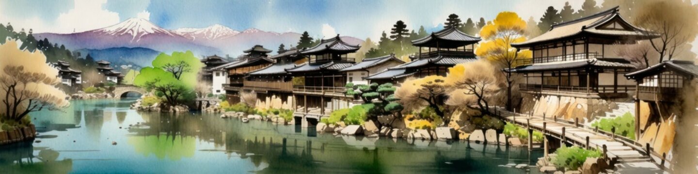 anner watercolor vintage painting in retro style Japanese village