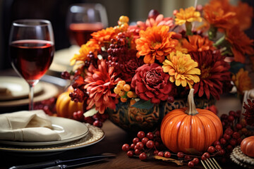 Obraz na płótnie Canvas Autumn's touch graces a beautifully set table with fall leaves, napkins, and pumpkins, accompanied by silverware. A Thanksgiving table setting with an arrangement of autumn foliage. Generative Ai.