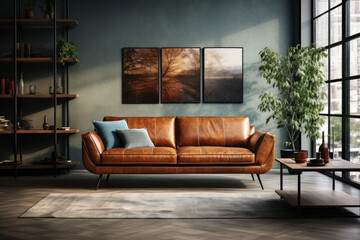 The interior of a modern room features a comfortable sofa, serving as a blurred backdrop that captures the essence of contemporary living. Generative Ai.