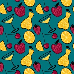 Fruit cocktail cartoon ingredients seamless cherry and pears and lemon and strawberry pattern for wrapping paper