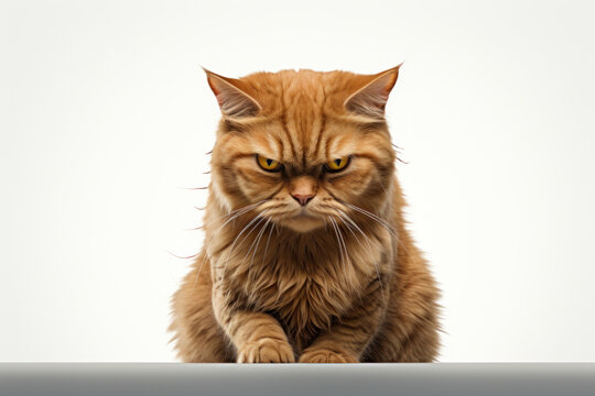 An irritated ginger cat, full of humorous expressions, stands alone on a transparent background. A displeased feline. Generative Ai.