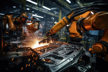 An engineer oversees and manages welding robotics' automatic arms in an automotive industrial facility.  Generative Ai.