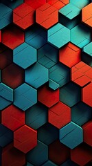 red, blue and orange honeycomb hexagon 3d background, geometry texture pattern, futuristic geometric structure design