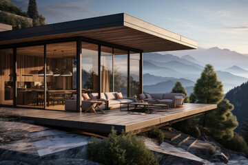 A modern villa, characterized by minimalistic design, stands amid majestic mountain vistas. Glass walls showcase the beauty of the surrounding mountains. Generative Ai.
