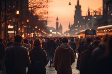 Naklejka premium In an autumn sunset, a crowded European street comes to life with people walking about. The blurred crowd adds a touch of anonymity to the urban setting. Generative Ai.