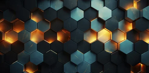 Fotobehang colorful honeycomb hexagon 3d background, geometry texture pattern, futuristic geometric structure design, green, blue and orange © goami
