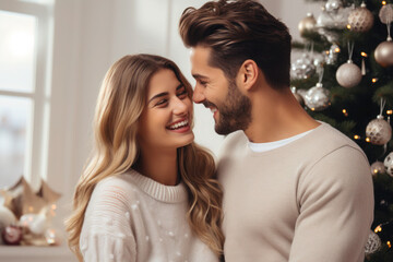Happy beautiful couple celebrating Christmas at home