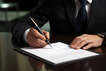 A businessman utilizes a pen to mark a correct sign symbol in a checkbox, underscoring the importance of quality document control checklists and business project approvals. Generative Ai.