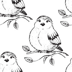 Seamless pattern with funny birds, flowers, leaves. Flat vector illustration with cartoon bird silhouette. Cute characters. Design for invitation, poster, card, textile, fabric