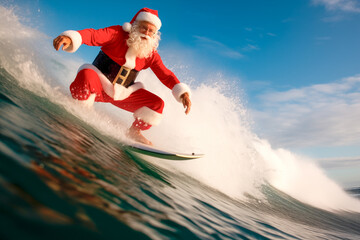 A whimsical illustration of Santa Claus catching a wave and surfing at a sunny beach