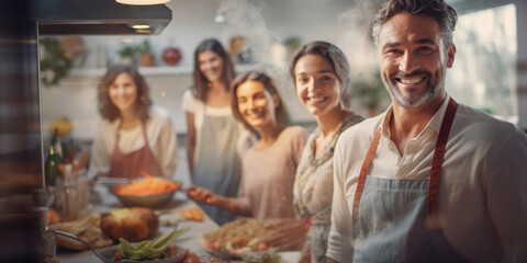 Large family, all cooking together in kitchen, all in light clothing