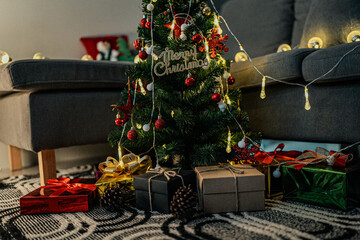 merry christmas and happy new year,Decorated Christmas tree on blurred, sparkling and fairy background