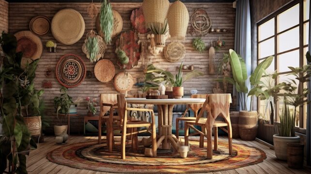 Interior design inspiration of Bohemian Eclectic style home dining room loveliness decorated with Wood and Textile material and Gallery Wall .Generative AI home interior design .