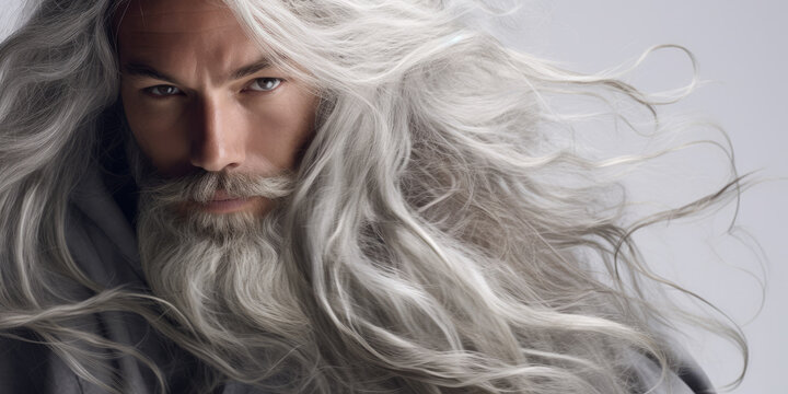 Close-up of man's long full bodied grey hair 