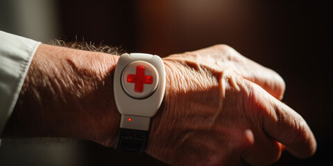 Old persons wrist, wearing medical panic button alarm  - obrazy, fototapety, plakaty