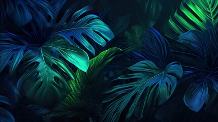 exotic leaves and flowers in neon glowing light background, colourful wallpaper