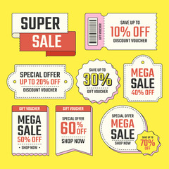 Gift Voucher and Discount Coupon Set. Sale Discount Voucher. Super Sale Labels and Tags Design. Perfect for promoting special deals in online stores and marketing campaigns