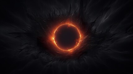 solar eclipse disk on black night sky, dark background with black hole wormhole