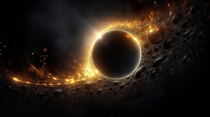Naklejka premium solar eclipse disk on black night sky, dark background with black hole wormhole