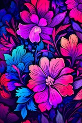 colorful purple, pink and blue flowers background, floral blossom pattern