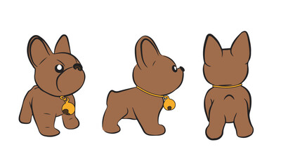 Super stylized drawing of a bulldog dog with three different poses. Vector illustration isolated on transparent background