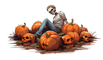 dead zombies bodies laying on the ground, with pumpkin heads on a transparent background