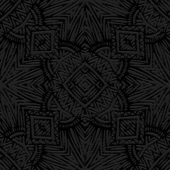Embossed black background, cover design. Boho style, handmade. Geometric ethnic vintage 3D pattern. Press paper, leather. Old unique ornaments of the East, Asia, India, Mexico, Aztec, Peru.