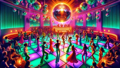 Vibrant 1970s disco scene with people dancing under colorful lights and multiple disco balls.Generative AI