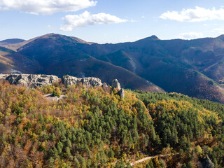 Fototapeta na wymiar Aerial Autumn view of ancient sanctuary Belintash, Bulgaria