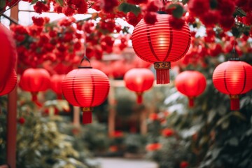 Beautiful glowing red Chinese lanterns, prosperity in the new year concept, Chinese New Year...