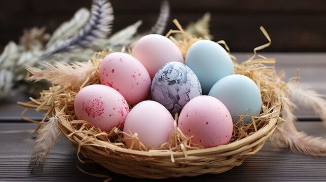 Pastel dyed and decorated Easter eggs in a nest with feathers on a wooden table