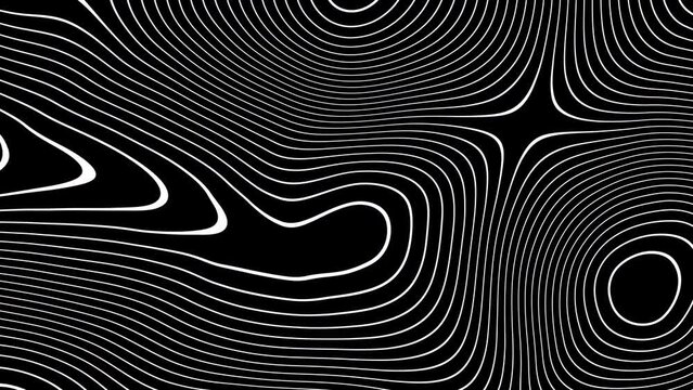 Abstract animated outline topographic contour map. Moving waves on black background. 4K looped animation..