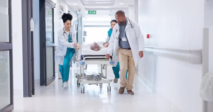 People, doctor and running with patient on bed for emergency, ICU or quick surgery to save life at hospital. Medical group, surgeon and nurse in rush with stretcher for healthcare, urgency or support