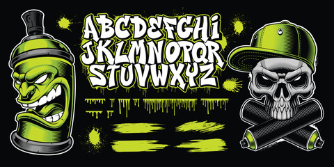 Graffiti themed vector clip art with a font and vector illustrations of a spray character and a skull