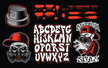 Graffiti vector illustrations set, with a graffiti font