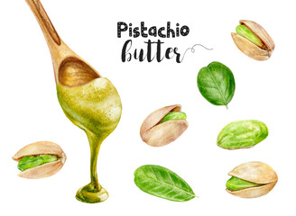 Watercolor illustration of pistachio and pistachio butter in wooden spoon close up. A hand-drawn set design template for packaging, menu, postcards