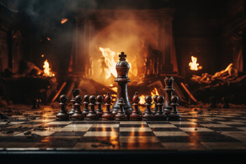 A versus battle is waged on a chessboard, with a dark background and fiery ball, symbolizing competition between teams, contestants, and fighters. Generative Ai.