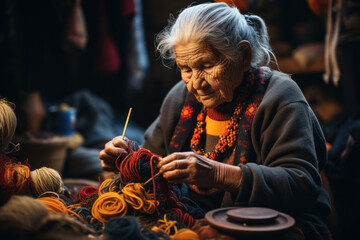An elderly woman knitting handmade crafts to generate income and support her family. Concept of micro-entrepreneurship in poverty reduction. Generative Ai.