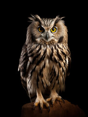 Obraz premium Owl Studio Shot Isolated on Clear Black Background, Generative AI