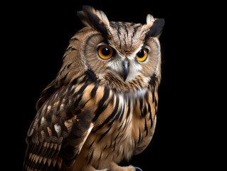 Obraz premium Owl Studio Shot Isolated on Clear Black Background, Generative AI