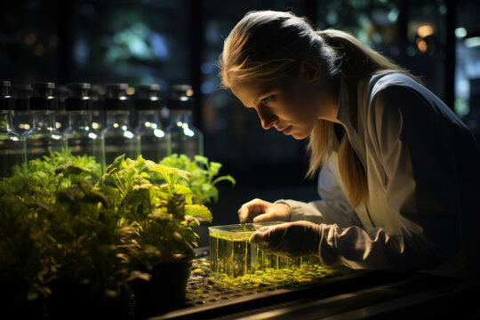 A scientist studying climate-resilient crops and innovative farming methods, essential for ensuring food availability in a changing climate. Generative Ai.