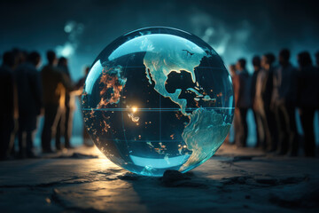 A globe encircled by people holding hands, signifying the unity and cooperation needed to address the challenges of international migration. Generative Ai.