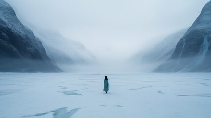 Woman standing next to glacier lake during cold freezing winter
