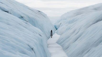 Obraz premium Woman standing next to glacier lake during cold freezing winter