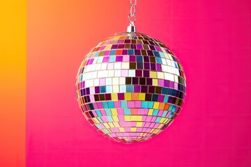 Disco or mirror ball with rainbow on pastel pink and orange background. Music and dance party background. Trendy party symbol. Abstract retro 80s and 90s concept