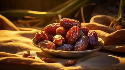 Sunlit dates on a plate with their rich textures showcased against a soft fabric background....