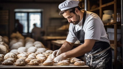 Baker in bakery making bread - obrazy, fototapety, plakaty
